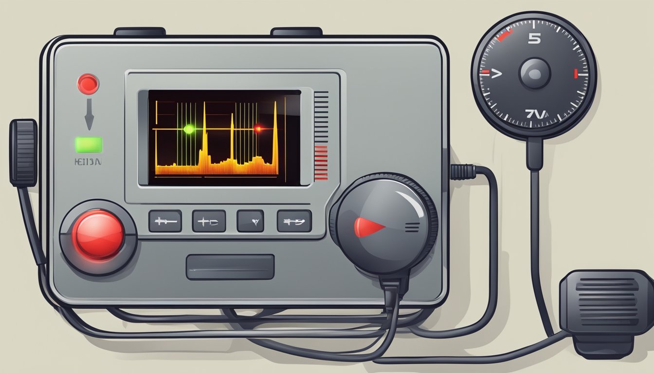 A heart rate monitor beeping rapidly, with a red flashing light indicating danger