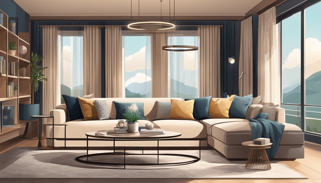 A cozy living room with a modern sofa, warm lighting, and stylish decor. A sleek coffee table sits in the center, surrounded by plush rugs and elegant curtains