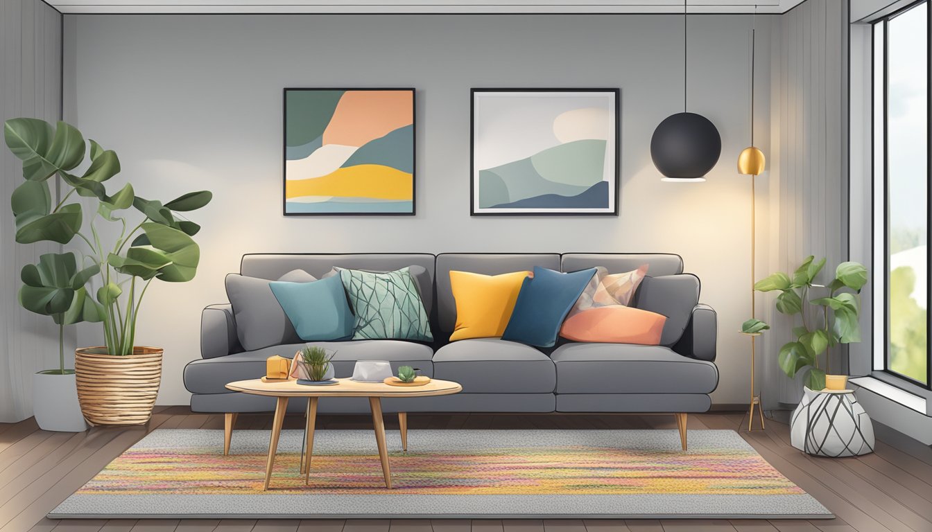 A cozy living room with a modern, grey sofa as the focal point, surrounded by colorful throw pillows and a soft, plush rug