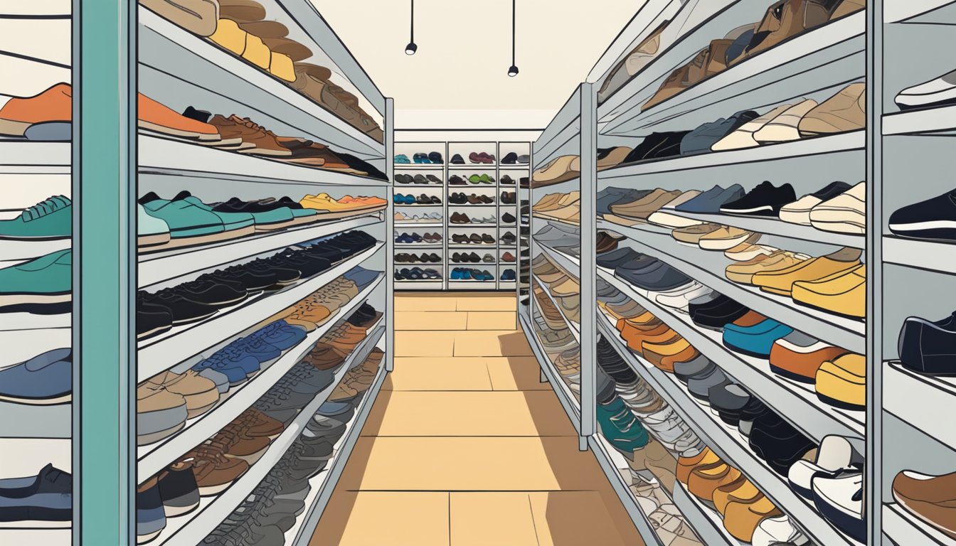 A person selects a shoe rack from a variety of options in a store, carefully examining the size, style, and material of each one