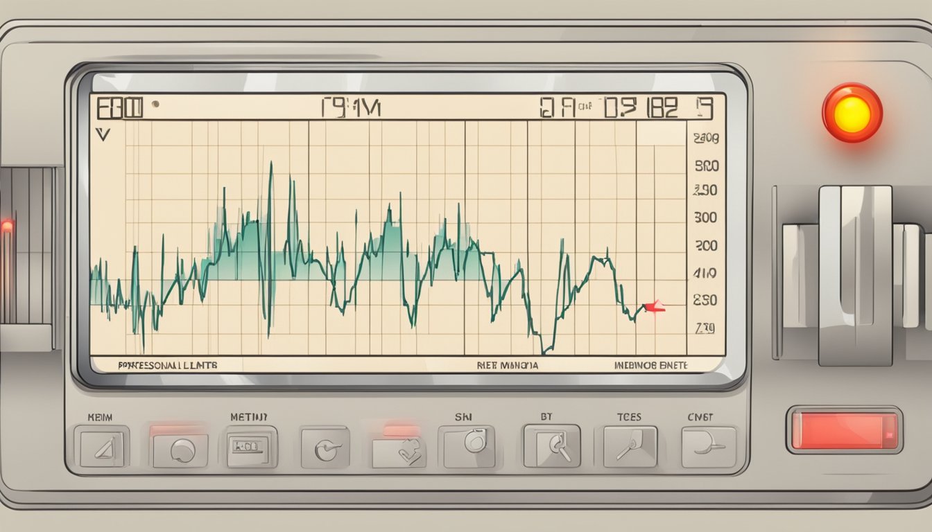 A heart rate monitor beeping rapidly, with a red warning light flashing