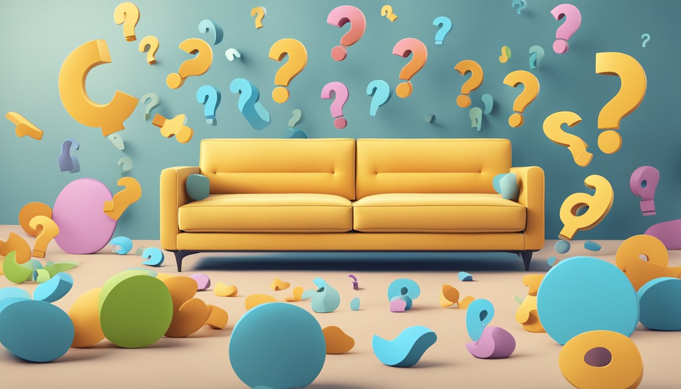 A modern sofa surrounded by floating question marks