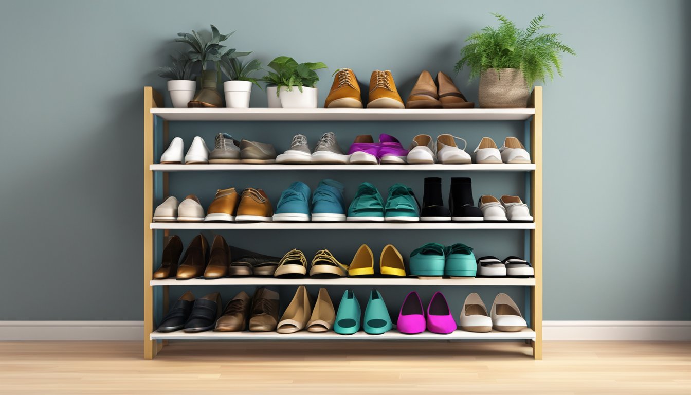 A shoe rack with multiple shelves and compartments, showcasing various types of shoes neatly organized and displayed