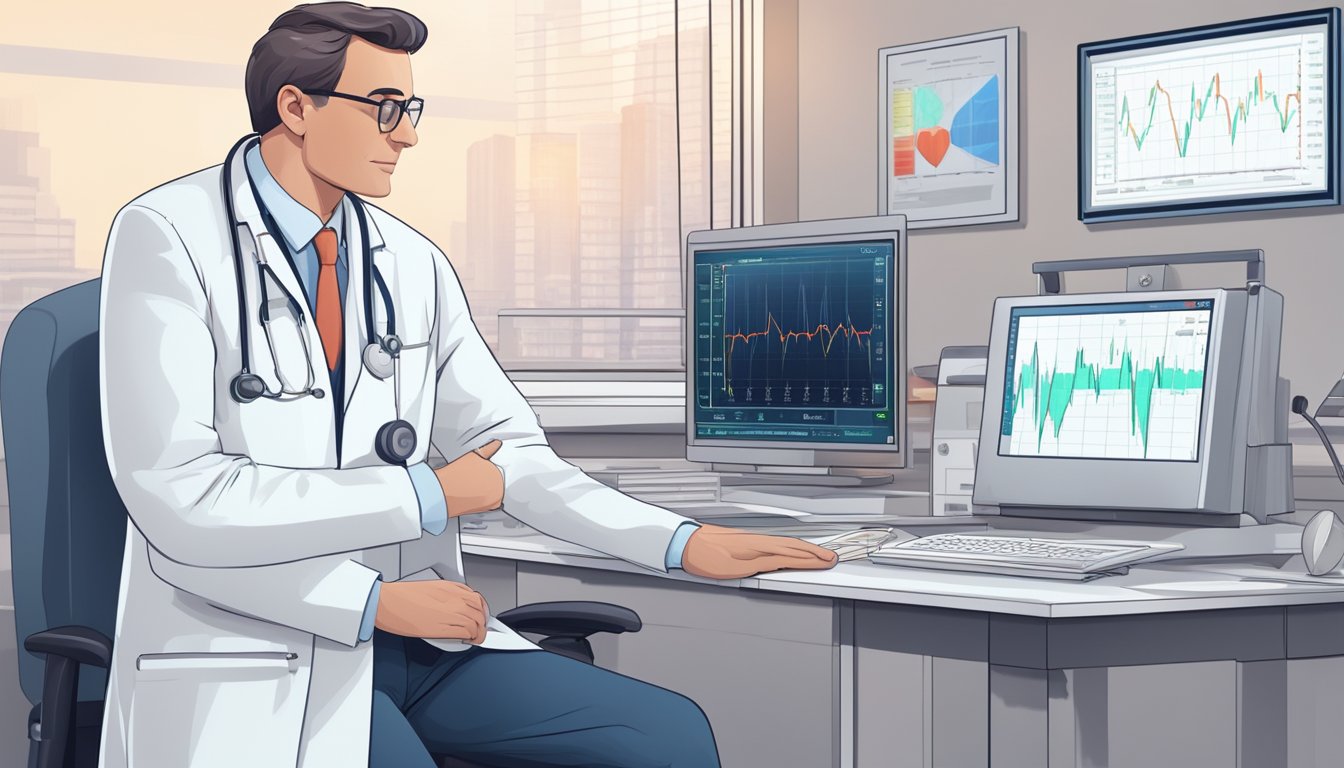 A cardiologist in a white coat stands next to a heart monitor, pointing to a chart of the cardiovascular system. The room is filled with medical equipment and a sense of professionalism
