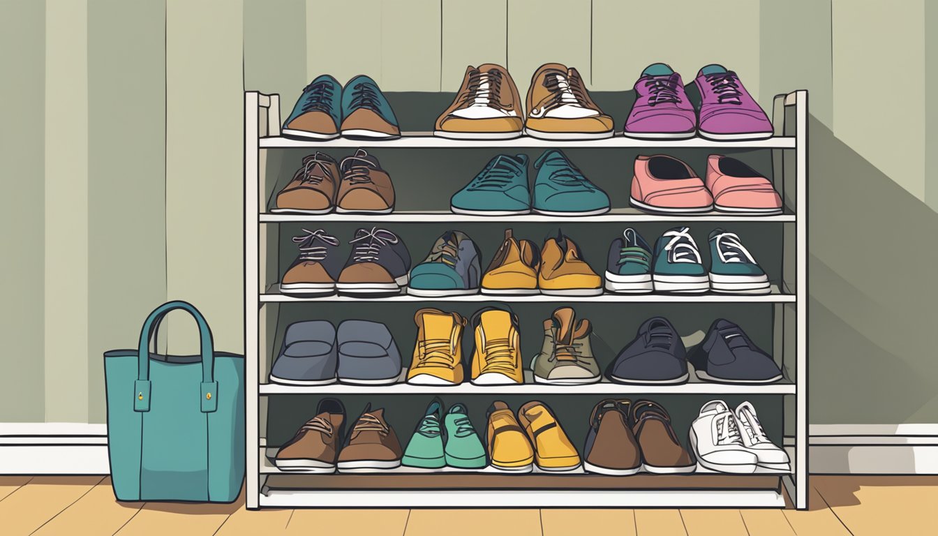 A shoe rack with various pairs of shoes neatly organized and labeled, with a sign reading "Frequently Asked Questions" above it