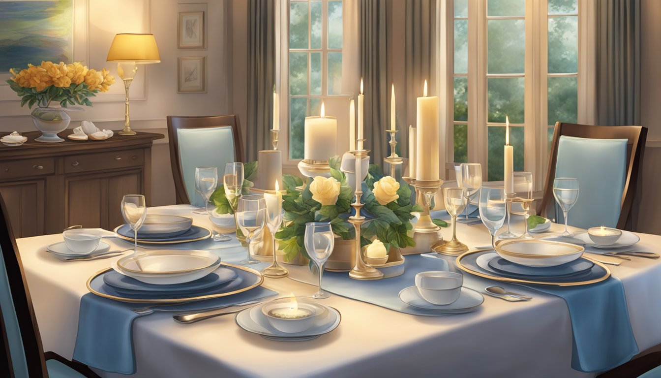 A dining table set with elegant dinnerware, a centerpiece, and lit candles, surrounded by chairs with plush cushions