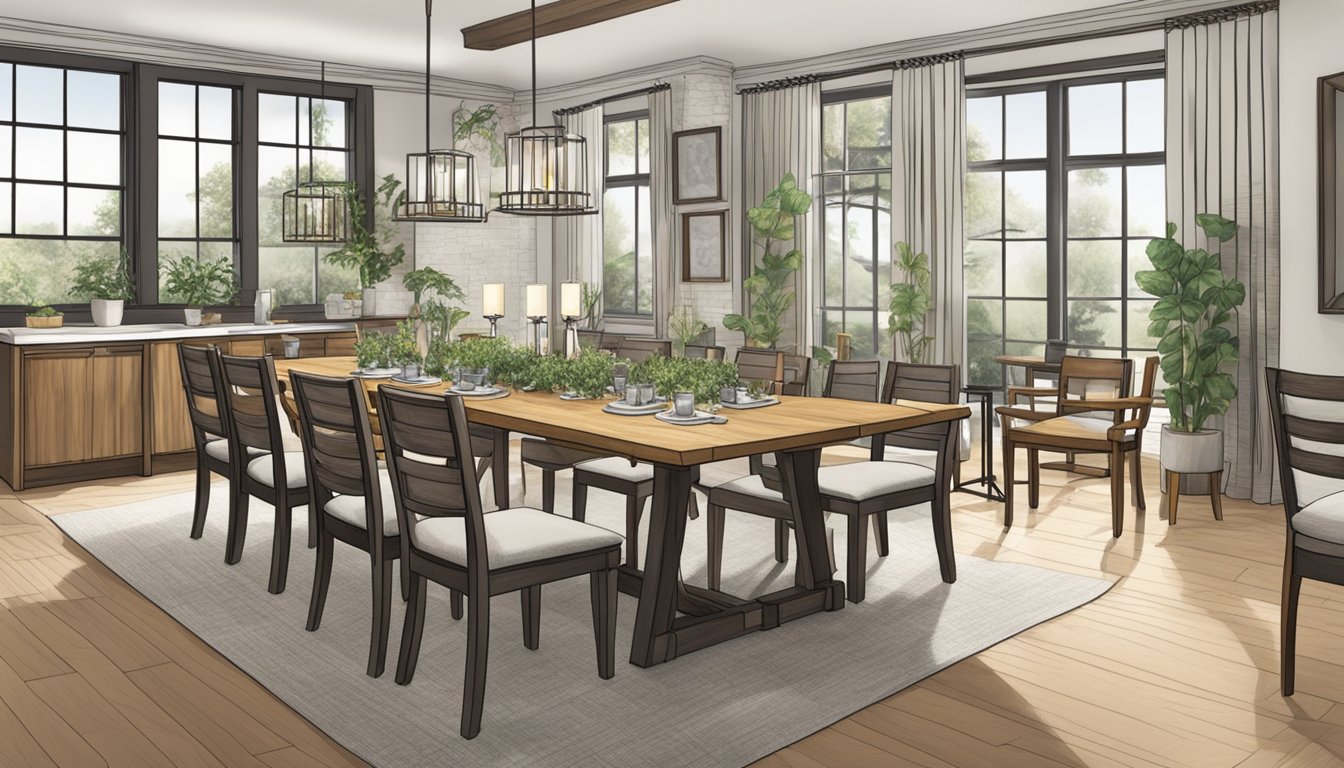 A variety of dining table styles arranged in a showroom, including modern, rustic, and traditional designs. Different materials and finishes are showcased, with chairs and table settings adding to the scene