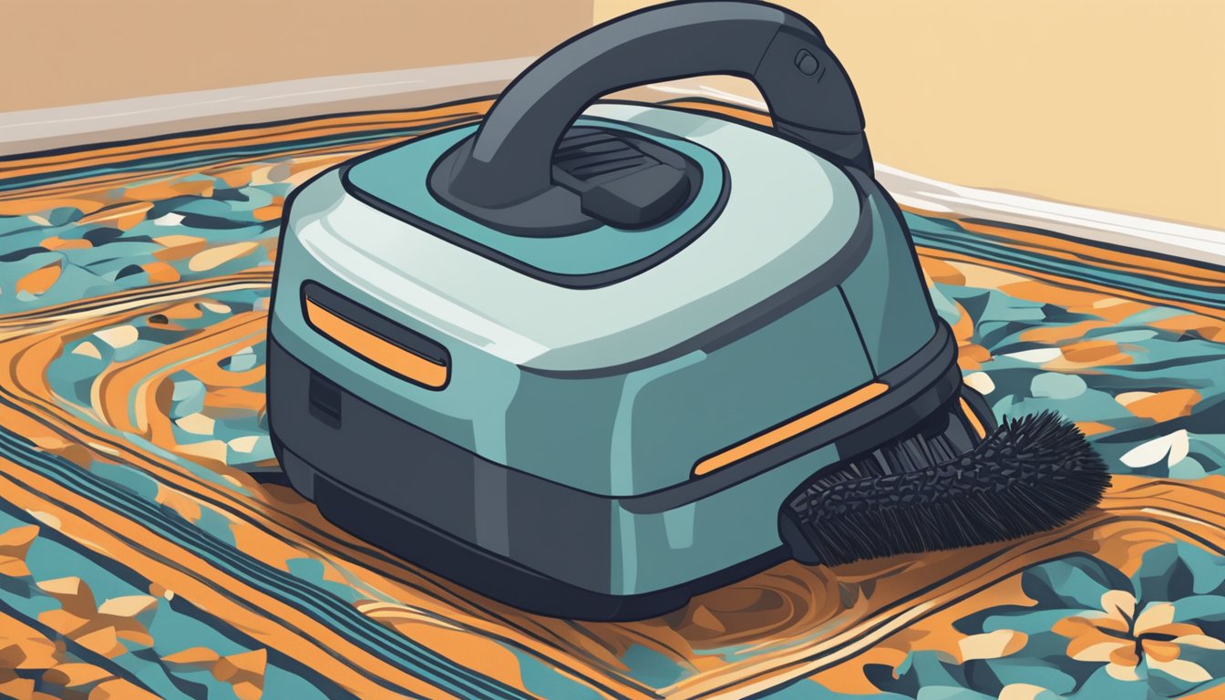A vacuum cleaner sits on a patterned rug, with its cord trailing off to the side. It is turned on, and the bristles of the brush are spinning, ready to clean