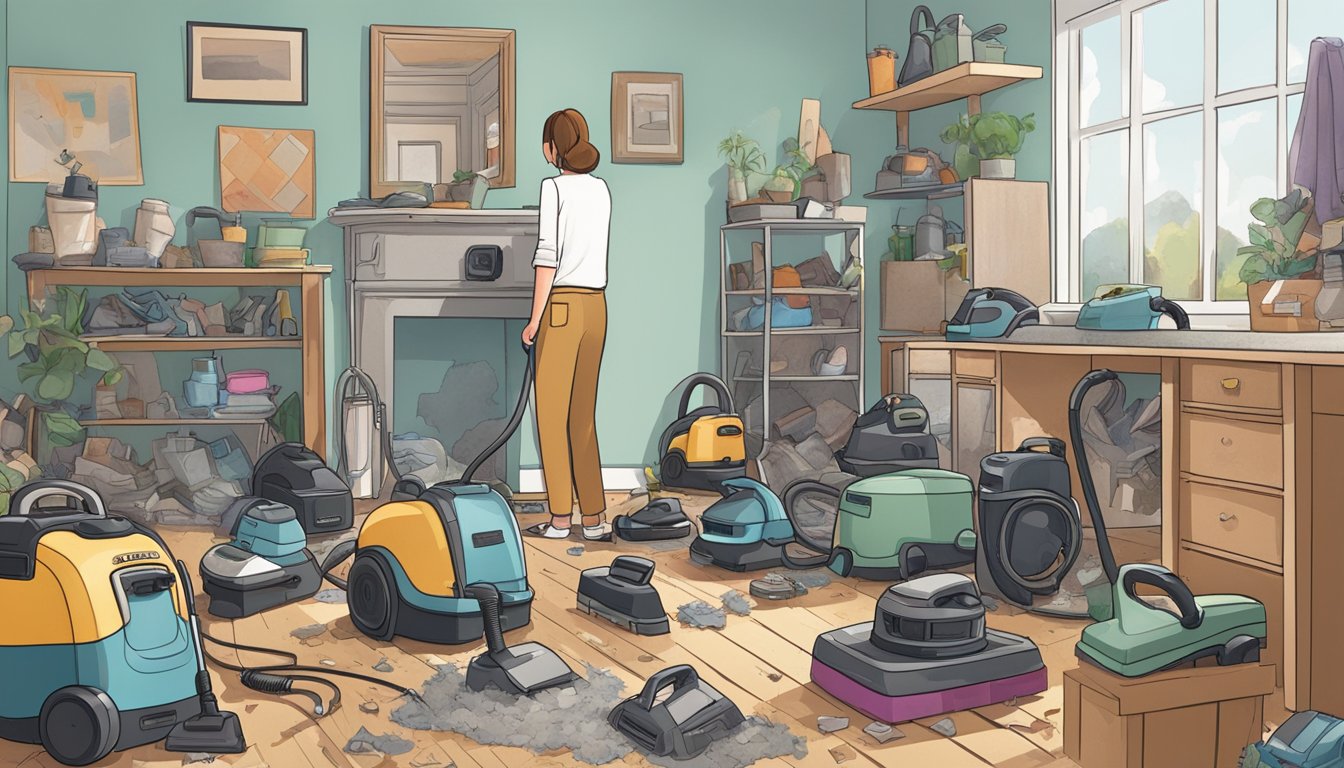 A person stands in a cluttered room, comparing different vacuum cleaners. The room is filled with dust and debris, and the person is carefully examining each vacuum to find the right one