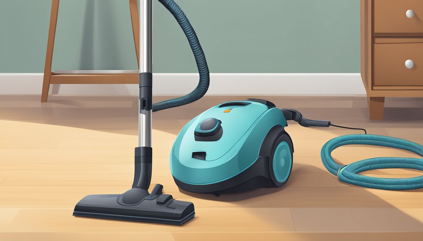 A vacuum cleaner sits on a clean, clutter-free floor. Its cord is neatly wound and its attachments are organized nearby. The machine is in pristine condition, free of dust and debris