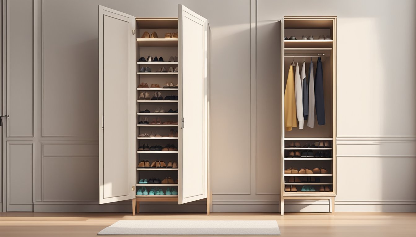 A well-lit room with a stylish, modern shoe cabinet against a clean, neutral-colored wall. The cabinet is open, revealing neatly organized rows of shoes inside