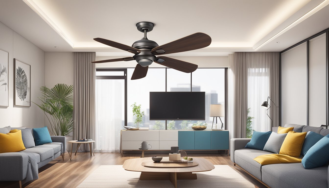 A ceiling fan spins above a modern living room in Singapore