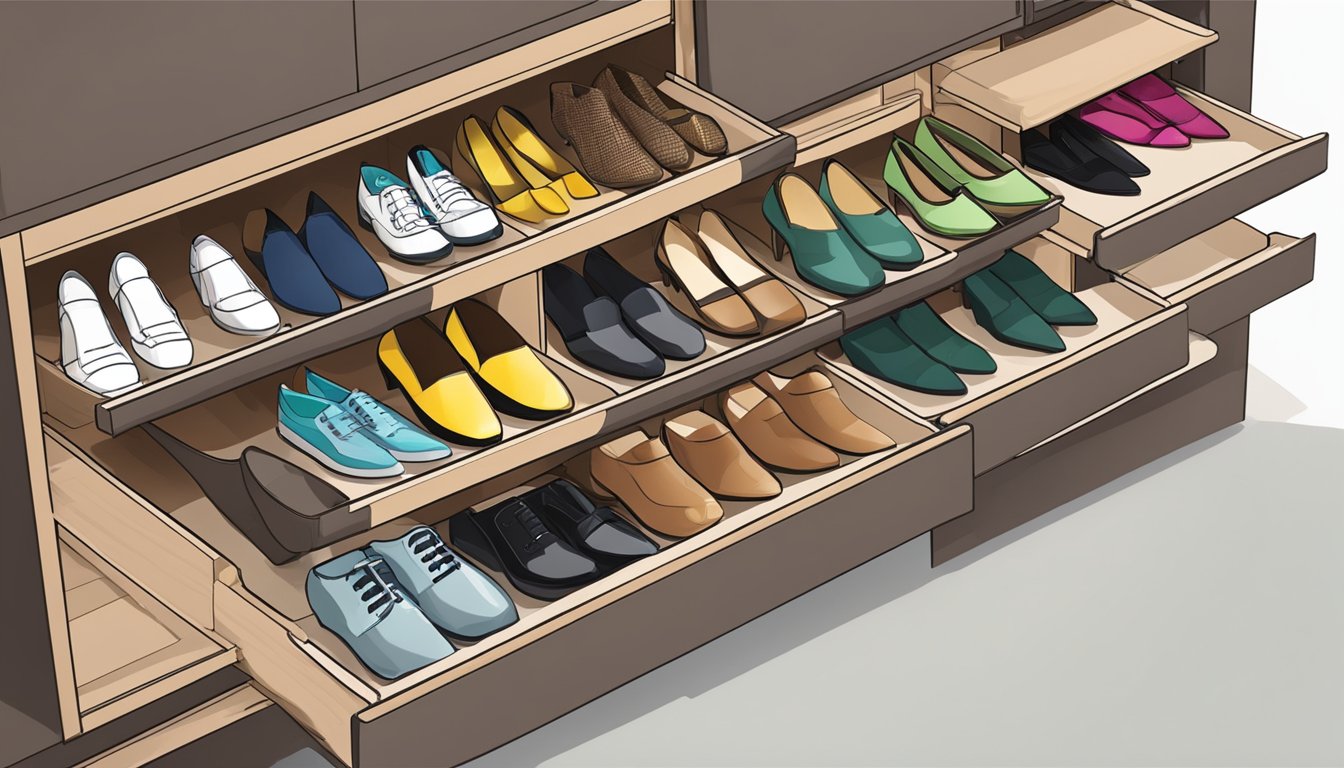 A shoe cabinet with open doors revealing neatly organized shelves of shoes