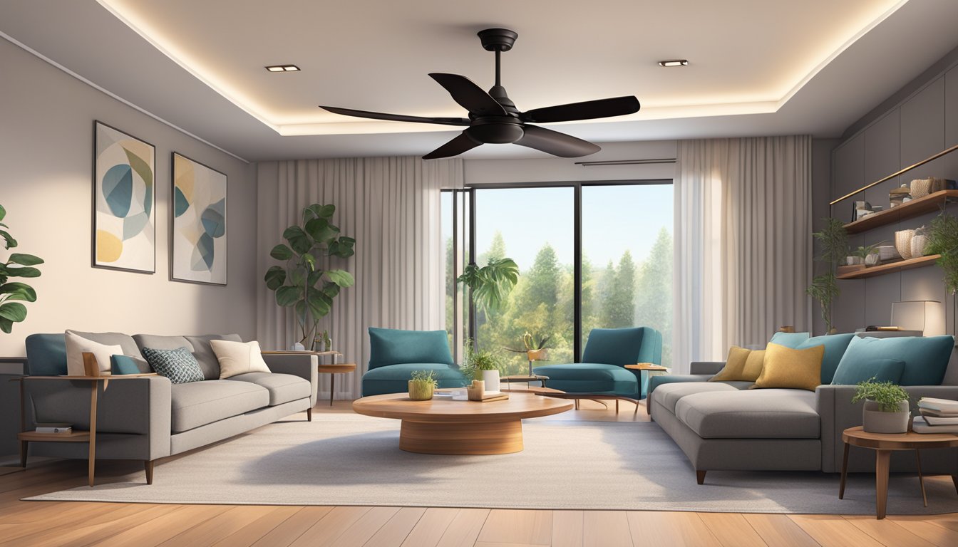 A cozy living room with a modern ceiling fan, surrounded by comfortable furniture and soft lighting. The fan is stylish and efficient, adding a touch of elegance to the room