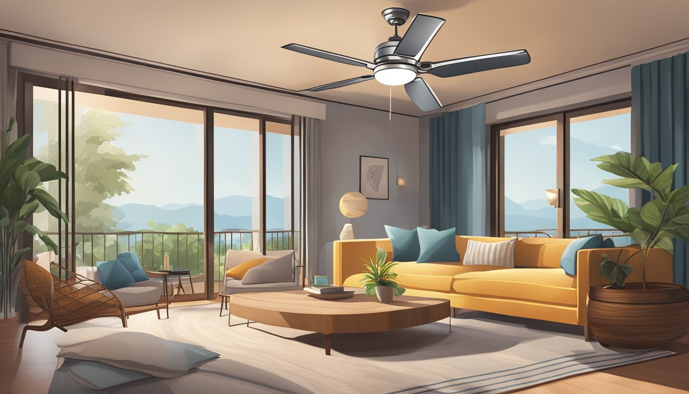 A cozy living room with a sleek ceiling fan, casting a gentle breeze over comfortable furniture and warm lighting