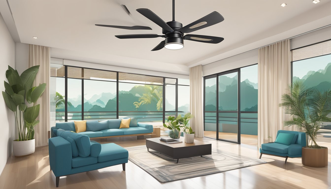 A ceiling fan spinning above with "Frequently Asked Questions" written on the blades, against a backdrop of a modern Singaporean interior