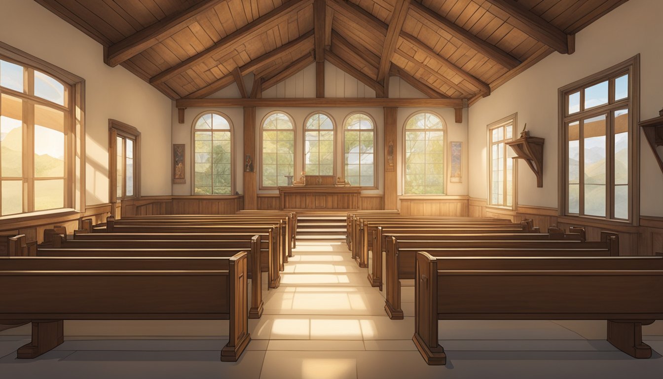 Sunlight streams through the windows, casting a warm glow on the wooden pews and simple altar. The walls are adorned with historical artifacts and photographs, telling the story of resilience and courage during the war