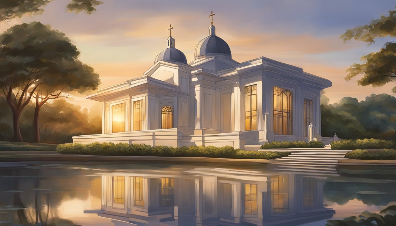 The sun sets over the Changi Chapel and Museum, casting a warm glow on the tranquil grounds. The reflection of the building is mirrored in the calm waters, creating a serene and poignant scene