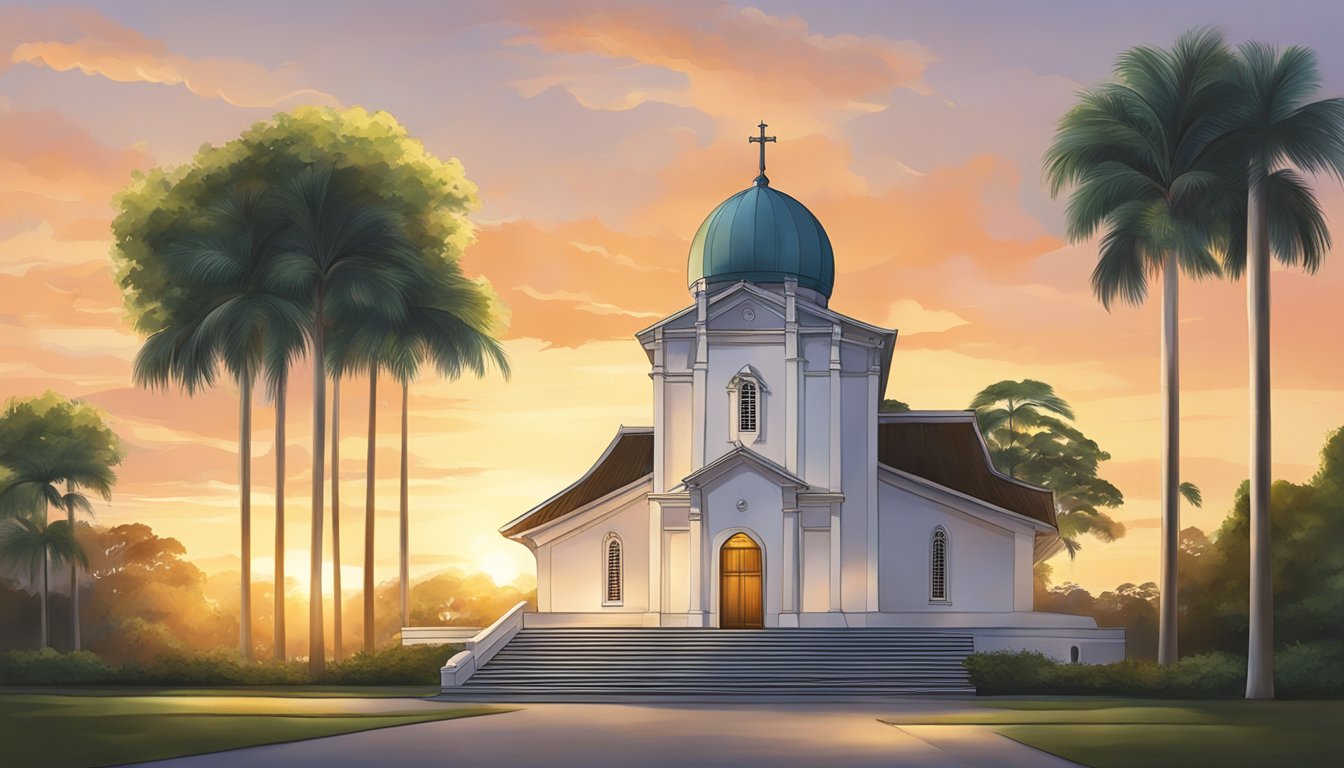 The sun sets behind the iconic Changi Chapel and Museum, casting a warm glow over the historic site. The tranquil surroundings provide a peaceful backdrop for visitors to reflect on the wartime experiences of those who were held captive here