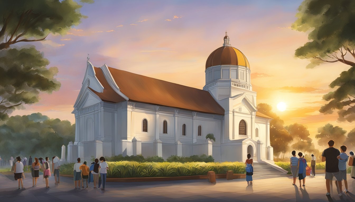 The sun sets behind the iconic Changi Chapel, casting a warm glow over the historic site. Visitors explore the outdoor exhibits, while others gather around the museum entrance, eager to learn about the wartime legacy