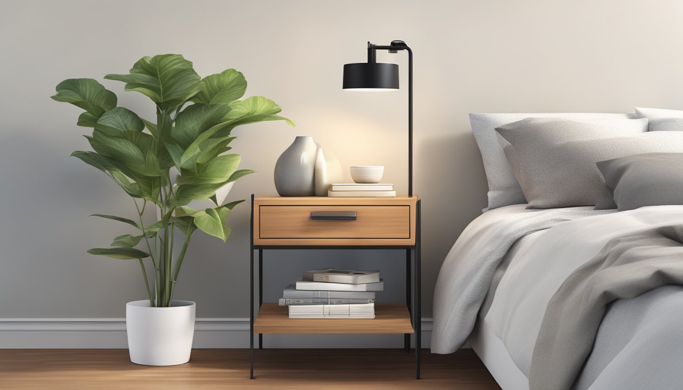 A sleek, modern bedside table with a wooden top and metal legs, adorned with a small lamp, a stack of books, and a potted plant