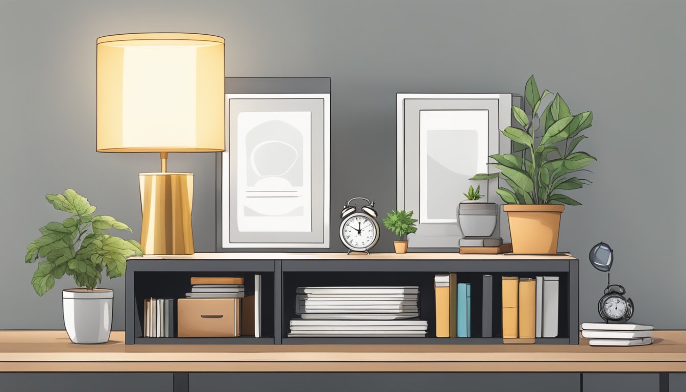 A bedside table with multiple drawers and compartments, holding books, a lamp, and a clock. A charging station and a small plant sit on top