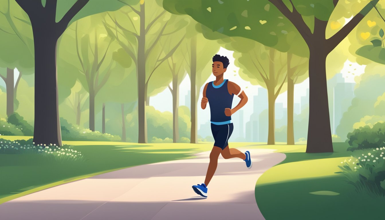 A person jogging in a serene park, surrounded by trees and a gentle breeze, with a heart rate monitor showing a low reading