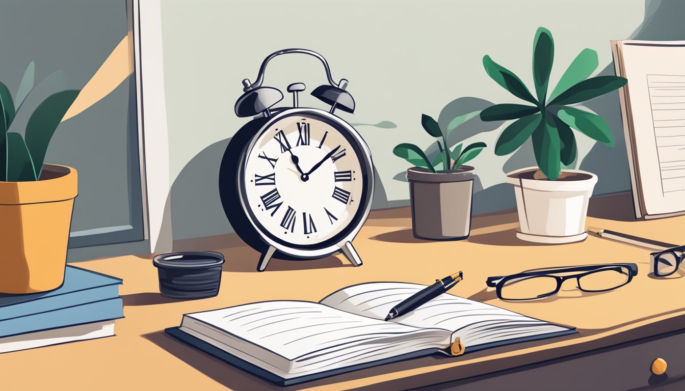 A lamp, a clock, and a stack of books sit neatly on the bedside table. A notepad and pen are placed next to a small potted plant