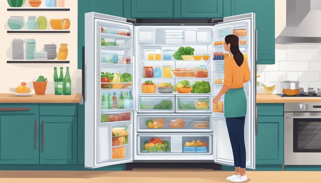 A person opens a refrigerator door, comparing various options inside. Shelves are stocked with food and drinks, while the appliance stands against a kitchen backdrop