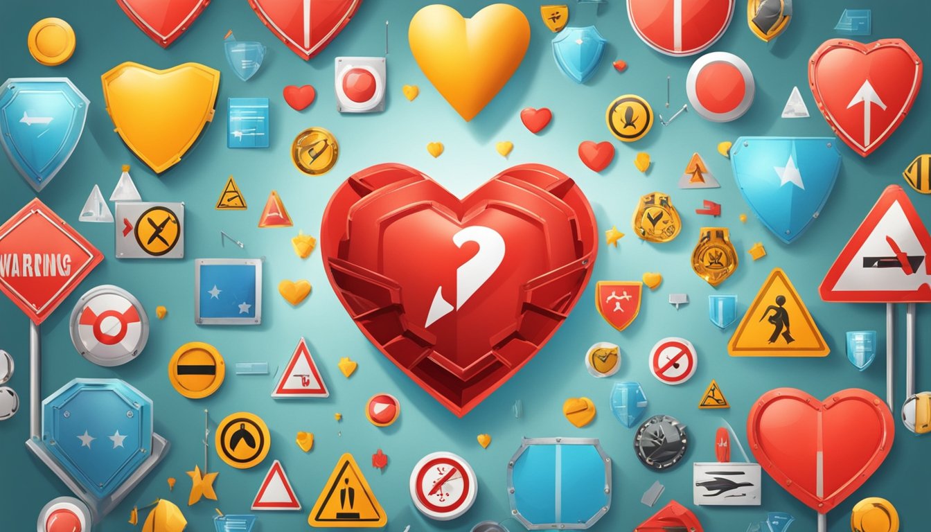 Bright red heart surrounded by warning signs and symbols, with a barrier of shields and protective barriers in the background