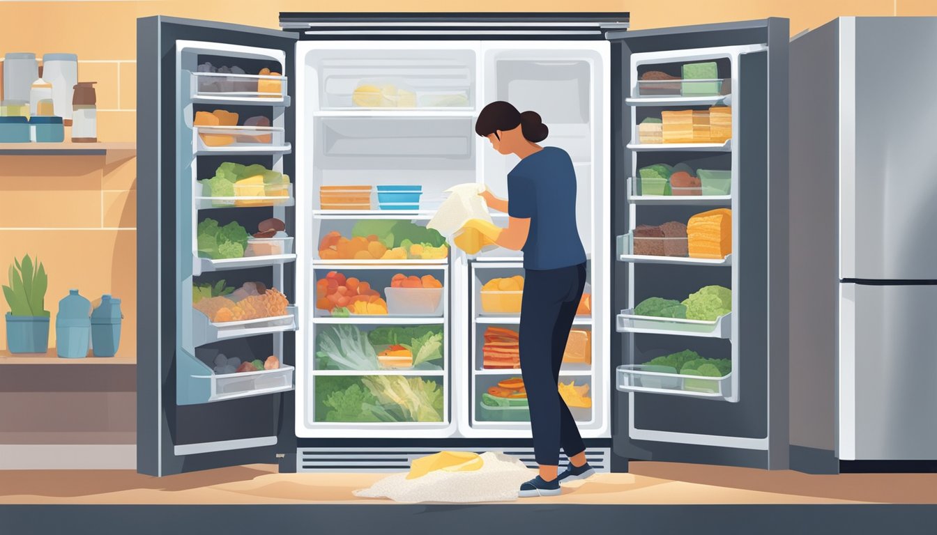 A person cleaning out expired food and wiping down shelves in a well-lit, organized refrigerator