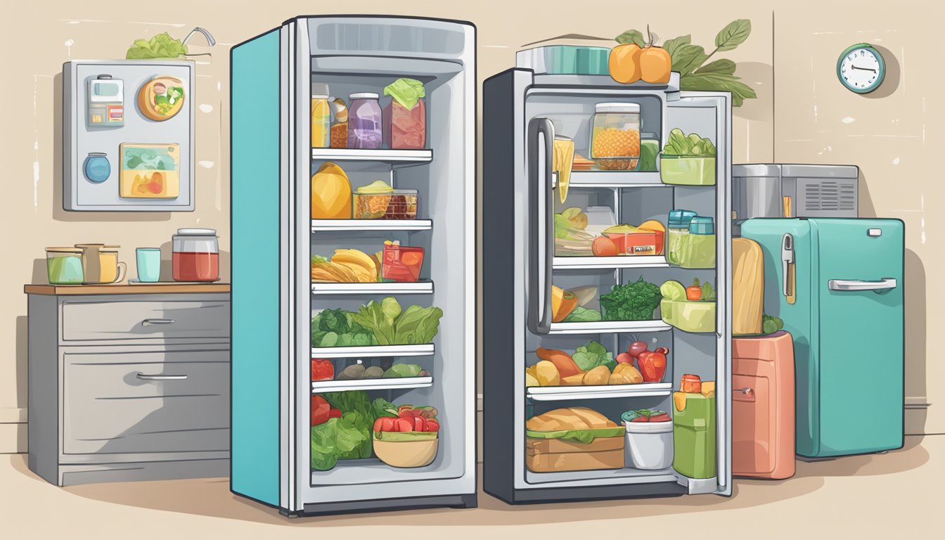 A refrigerator with "Frequently Asked Questions" written on the door, surrounded by various food items and magnets