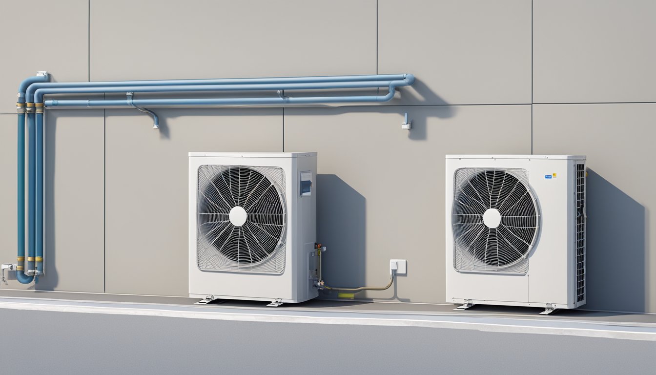 A split-type air conditioning unit mounted on a wall, with visible vents and control panel. Outdoor compressor unit connected by pipes