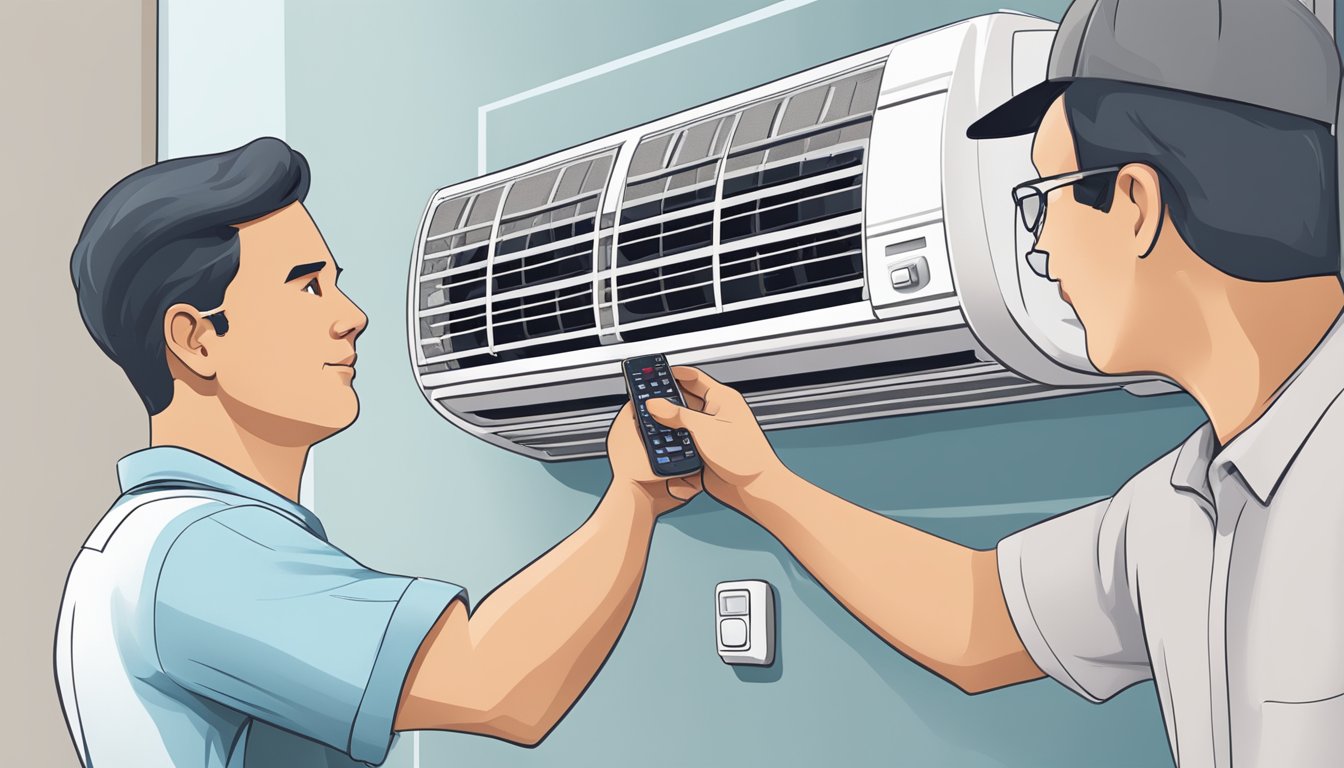 A person points to a wall-mounted aircon unit with a remote in hand, examining its features and settings