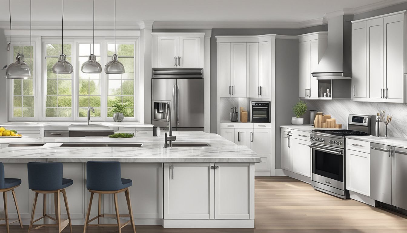 A modern kitchen with sleek, white cabinets, stainless steel appliances, and marble countertops. Glass doors showcase neatly organized dishes and cookware