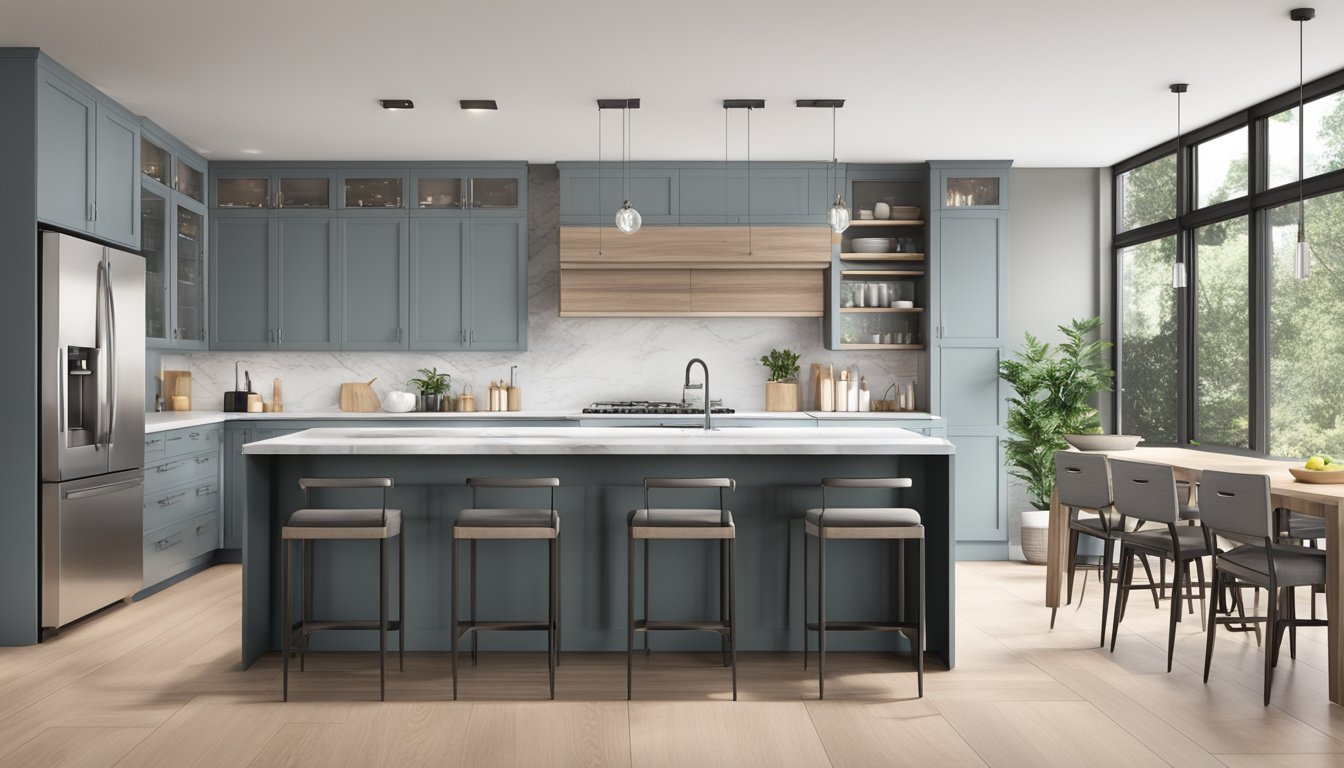 A spacious kitchen with sleek, modern cabinets and ample storage. Clean lines and minimalist hardware create a contemporary feel