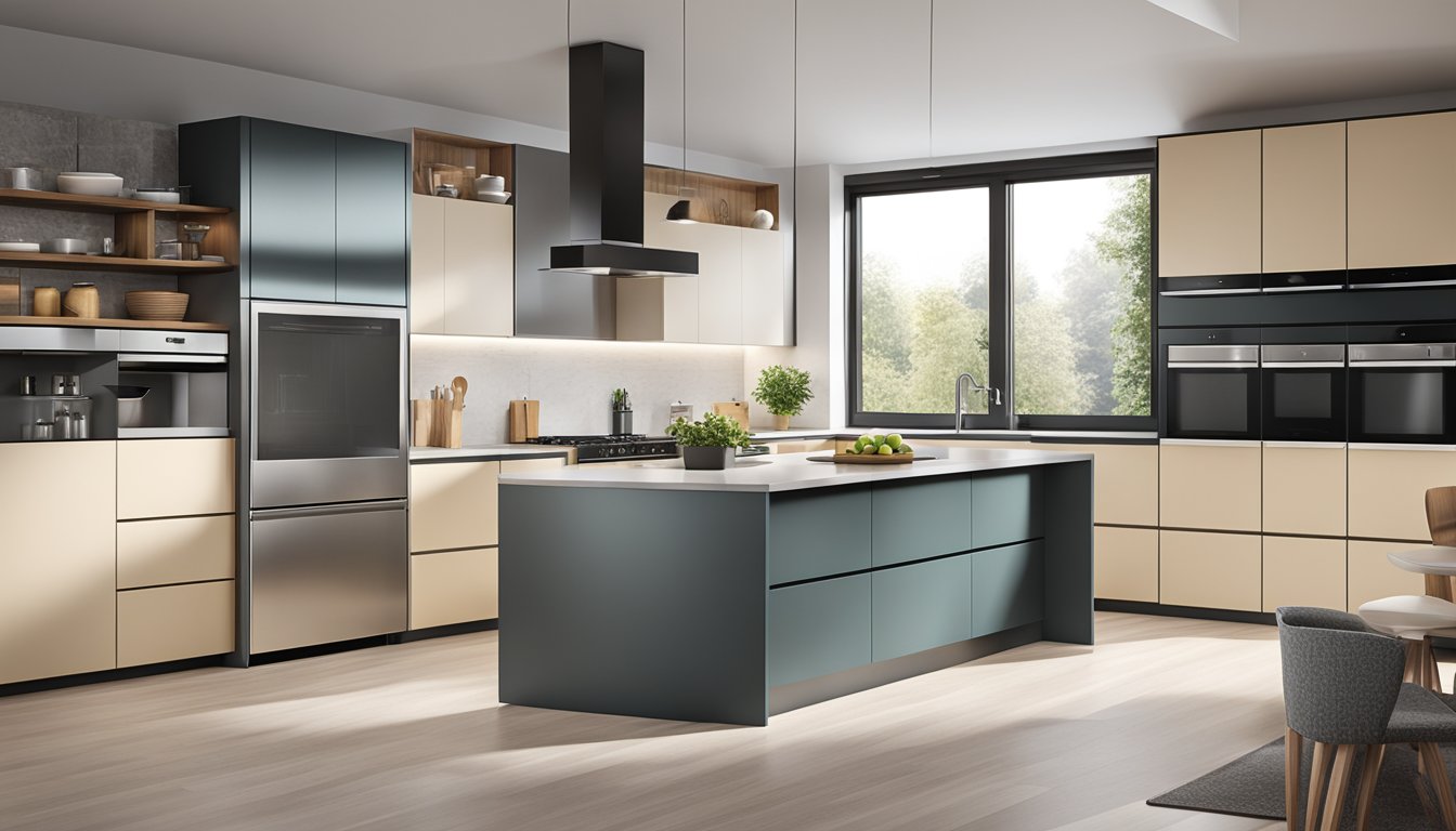 A modern kitchen with sleek, minimalist cabinets featuring innovative storage solutions and trendy design elements