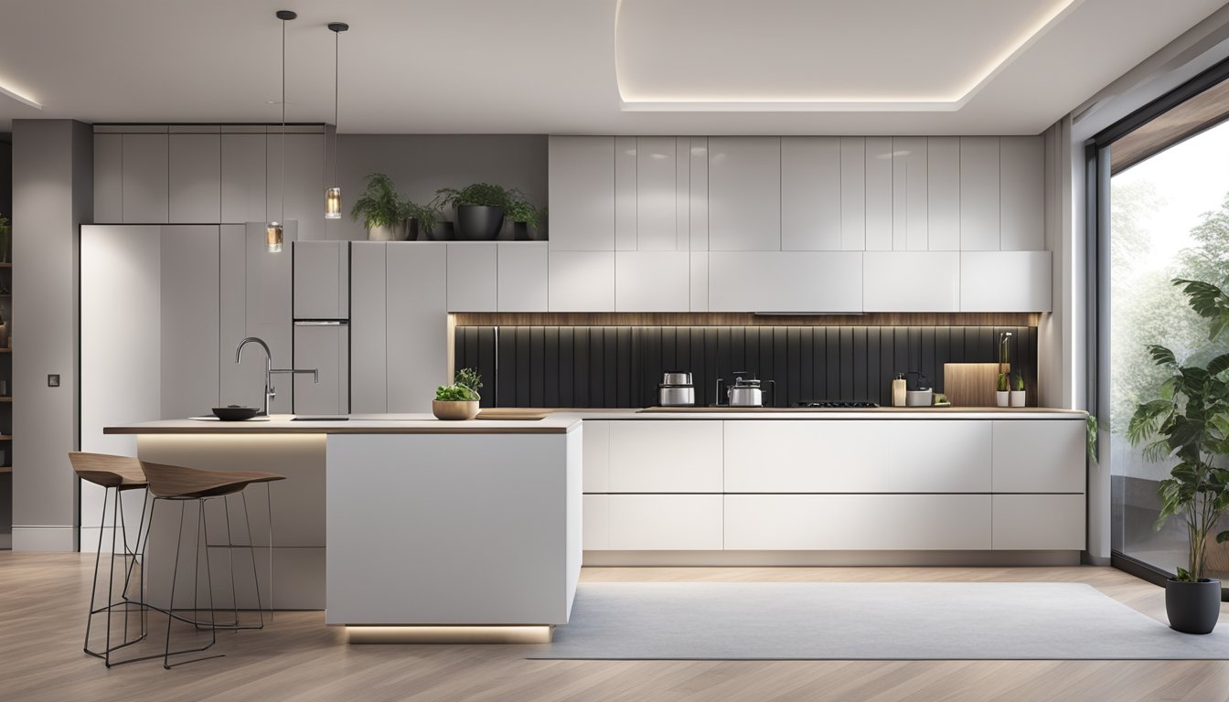 A modern kitchen with sleek, white cabinets and integrated lighting. Clean lines and minimalist design create a functional and stylish space