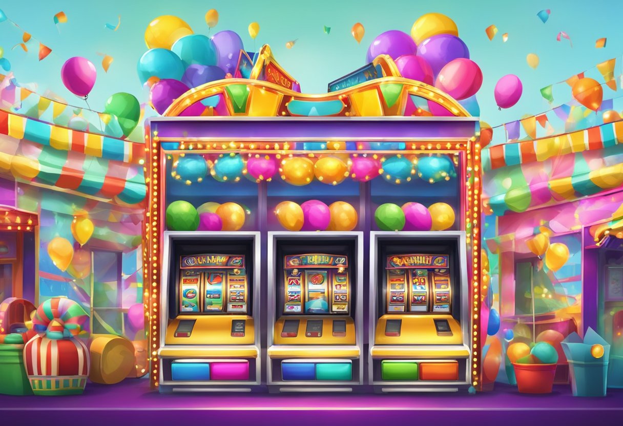 A colorful and vibrant carnival scene with Joker-themed slot machines and festive decorations