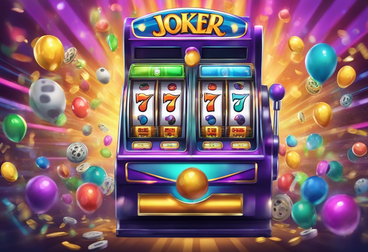 A colorful slot machine with the Joker Roma theme, flashing lights and spinning reels, surrounded by excited onlookers