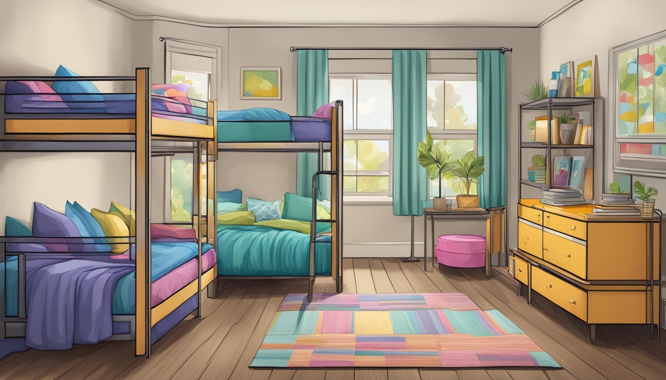 Two bunk beds with colorful bedding, a ladder, and a small nightstand between them