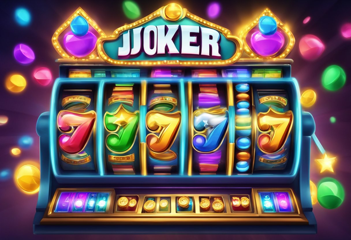 Colorful Joker Roma slot machine demo with flashing lights, spinning reels, and vibrant graphics. Excited players cheering in the background