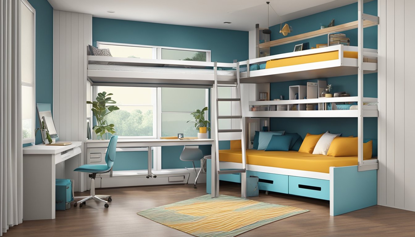 Two bunk beds with sleek, modern design and multifunctional features. Sturdy ladder and built-in storage compartments