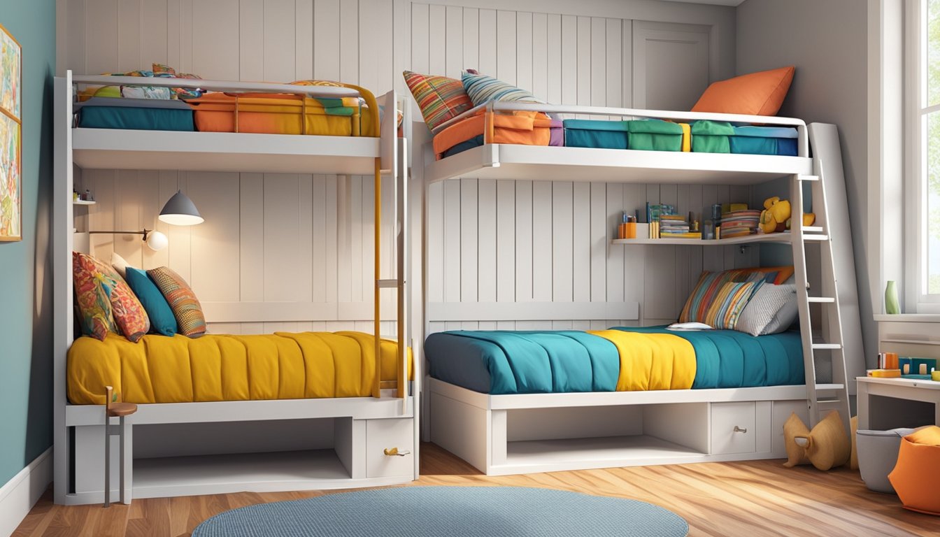 Two bunk beds with ladder, one against the wall. Brightly colored bedding and pillows. Toy storage underneath. Cozy and inviting