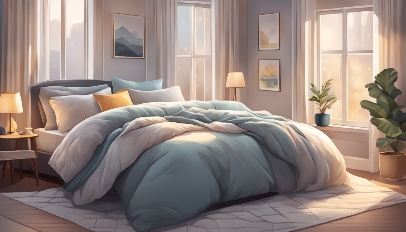 A neatly made bed with a fluffy comforter and plump pillows, surrounded by soft ambient lighting and a cozy atmosphere