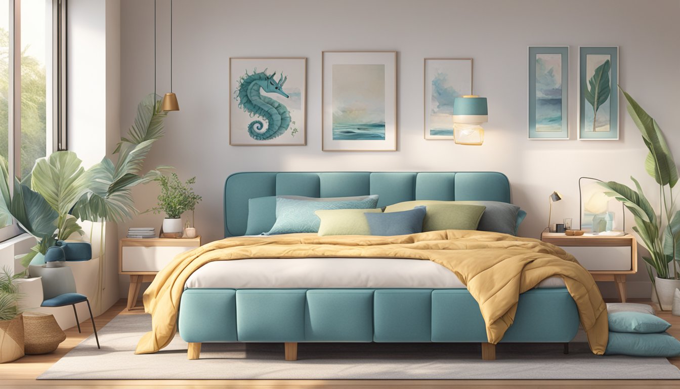 A cozy bedroom with a seahorse mattress, soft pillows, and a supportive bed frame