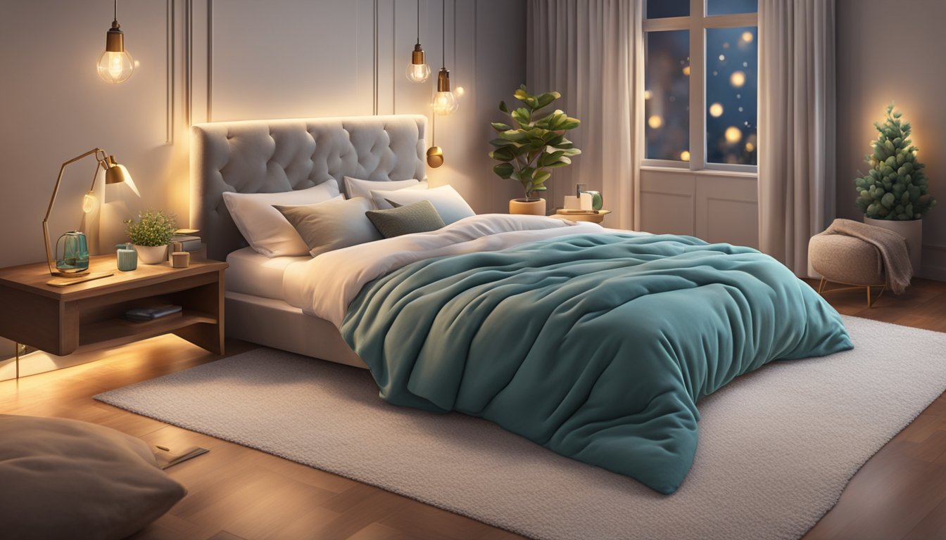 A plush, neatly made bed with fluffy pillows and a soft throw blanket, surrounded by warm lighting and decorative accents
