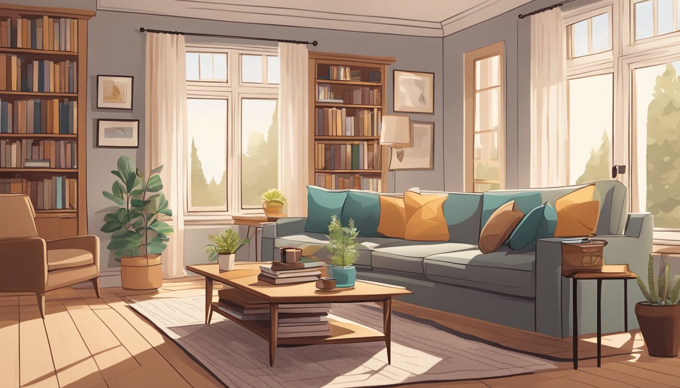 A cozy living room with a plush sofa, a coffee table, and a bookshelf filled with books and decorative items. A soft rug lies on the floor, and a large window lets in natural light