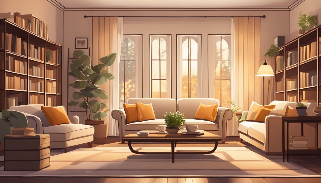 A cozy living room with a comfortable sofa, stylish coffee table, and elegant bookshelves. Soft lighting and warm colors create a welcoming atmosphere