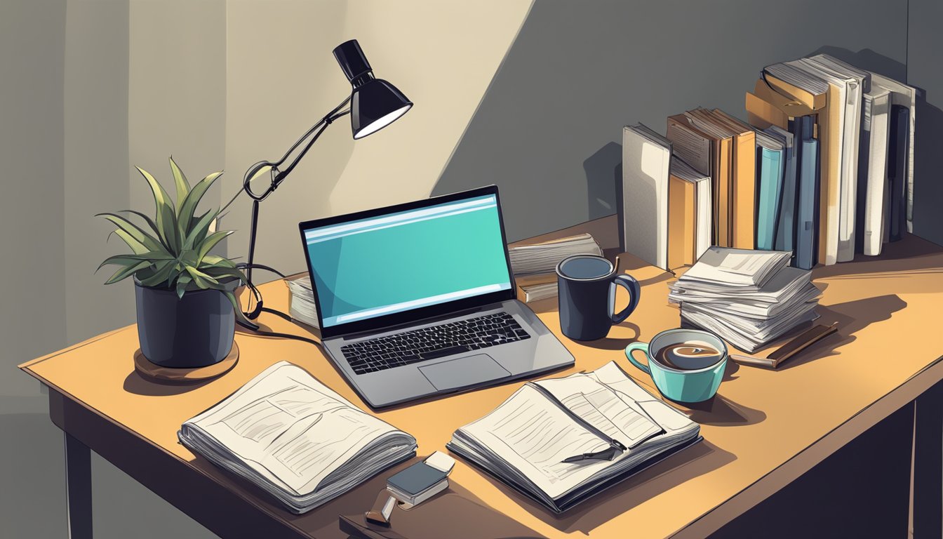 A cluttered study table with books, papers, and a laptop. A mug of coffee sits next to a desk lamp